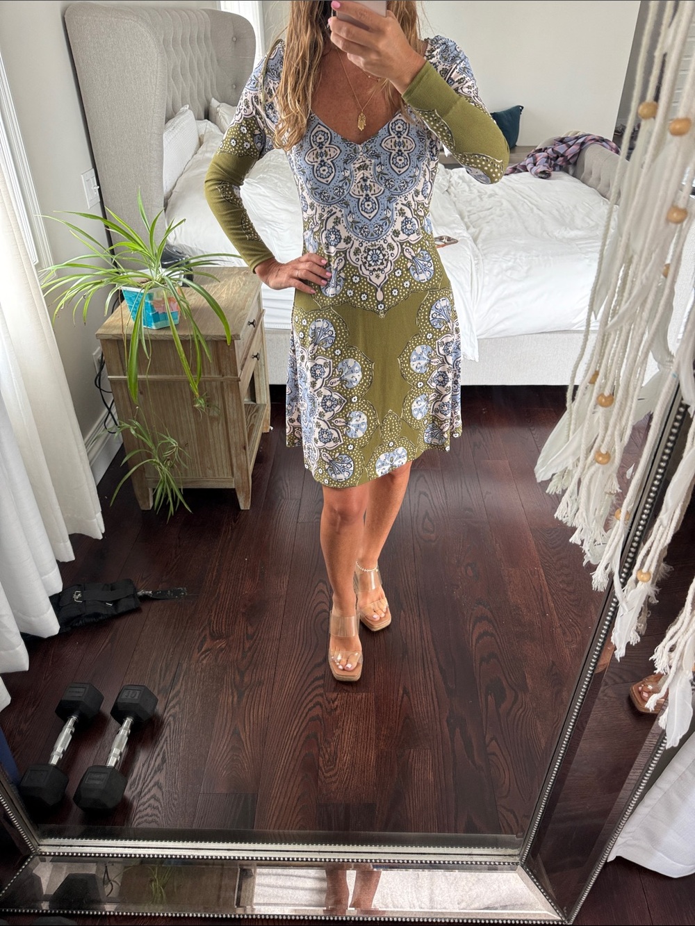 Brand new free people Olive & Blue Printed Long Sleeve V-Neck Dress